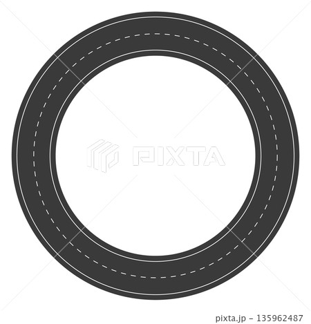 A simple graphic representation of a circular road with white dashed lines, ideal for representing travel, routes, or continuous processes, road 135962487