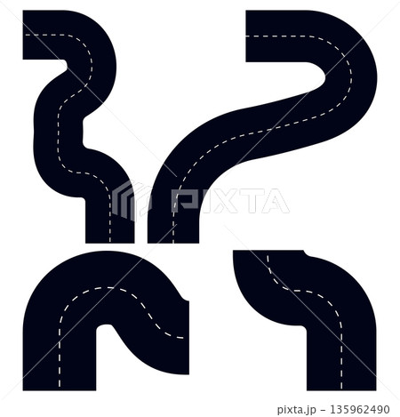 Collection of four dark, winding road pieces with white dashed lines, ideal for illustrating complex journeys or challenging routes, road transport Collection of four dark, winding road pieces with white dashed lines, ideal for illustrating complex journeys or challenging routes, road transport 135962490