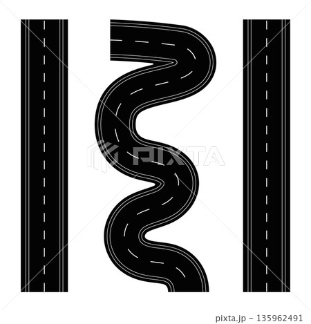 Stylized serpentine road flanked by straight road segments, creating a visually engaging graphic for travel and logistics concepts. 135962491