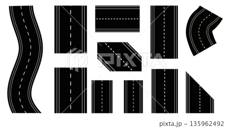 Assortment of road elements including curves, straights, and intersections, perfect for building custom road maps and game levels. 135962492