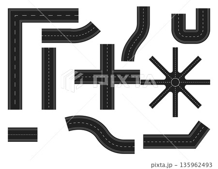 A diverse collection of road pieces including curves, junctions, and straight sections for creating complex transportation networks 135962493