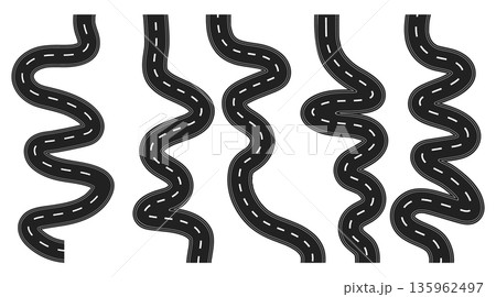Multiple wavy road segments in a row, showcasing diverse curves and bends for creating dynamic road layouts and journey visualizations. Multiple wavy road segments in a row, showcasing diverse curves and bends for creating dynamic road layouts and journey visualizations. 135962497