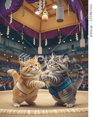 日本の両国国技館を思わせる会場で土俵に立つ猫の力士、相撲と和風文化を描いたコミカルなAI画像 日本の両国国技館を思わせる会場で土俵に立つ猫の力士、相撲と和風文化を描いたコミカルなAI画像 135962501