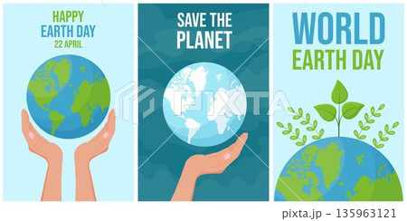Set of vector vertical posters, banners, and placards for Earth Day for social media, billboards, educational materials, and environmental campaigns. 135963121