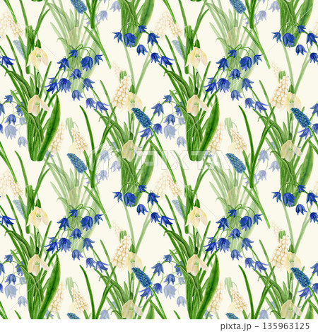 Floral seamless pattern with spring flowers, bluebells, and muscari, watercolor illustration. Floral seamless pattern with spring flowers, bluebells, and muscari, watercolor illustration. 135963125