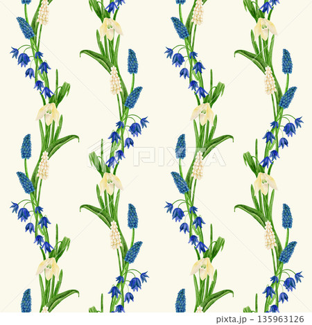 Floral seamless pattern with spring flowers, bluebells, muscari, watercolor illustration, wave. 135963126