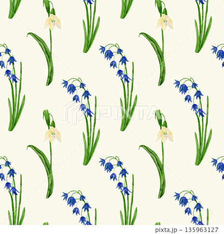 Floral seamless pattern with spring flowers, bluebells, and a watercolor illustration. Floral seamless pattern with spring flowers, bluebells, and a watercolor illustration. 135963127