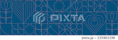 Geometric Valentines background pattern in minimalist bauhaus style. Geometric line drawing.Valentines Day seamless pattern  Hearts Banner with Abstract Shapes 135963196