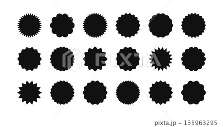 Black starburst badge with radiant burst rays. Round shape icon for sale promo label. Simple vector star circle design with sunburst pattern for price tag and discount offer display. 135963295