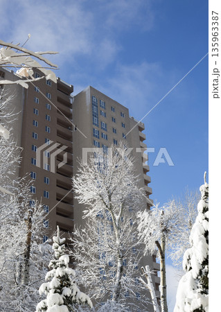 A multi-story building against a blue sky with snow-covered tree branches. 135963387