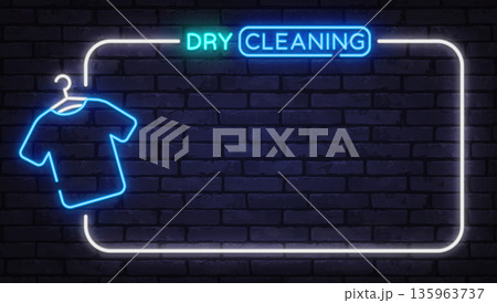 Neon dry cleaning sign with hanging shirt on brick wall. Service themed frame ideal for laundry businesses and service advertisements. Neon dry cleaning sign with hanging shirt on brick wall. Service themed frame ideal for laundry businesses and service advertisements. 135963737