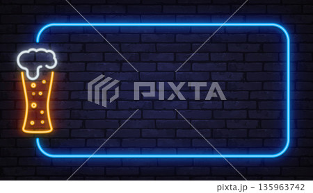 Neon beer glass with foam inside glowing frame on brick wall. Nightlife concept suitable for bars, pubs, menus, or festival promotions. 135963742