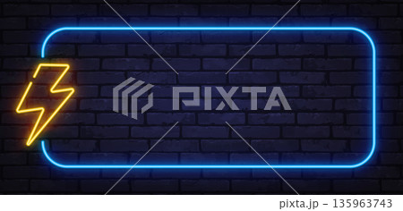 Neon lightning bolt inside glowing rectangular frame on dark background. Energy themed design ideal for power concepts and tech branding. 135963743