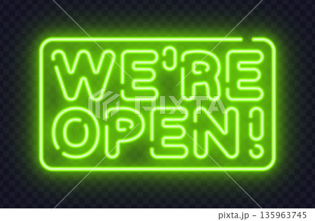 Bright neon we are open message inside glowing frame. Business announcement design ideal for storefronts, ads, or online banners. Bright neon we are open message inside glowing frame. Business announcement design ideal for storefronts, ads, or online banners. 135963745