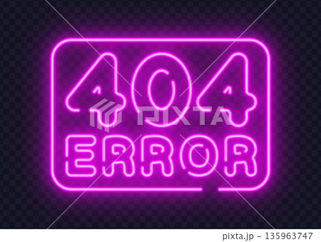 Neon 404 error sign glowing inside rounded frame on dark background. Modern web concept ideal for error pages, UI design, or tech presentations. 135963747