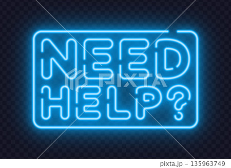 Neon need help sign with question mark on dark background. Support themed design suitable for customer service, help centers, or websites. Neon need help sign with question mark on dark background. Support themed design suitable for customer service, help centers, or websites. 135963749