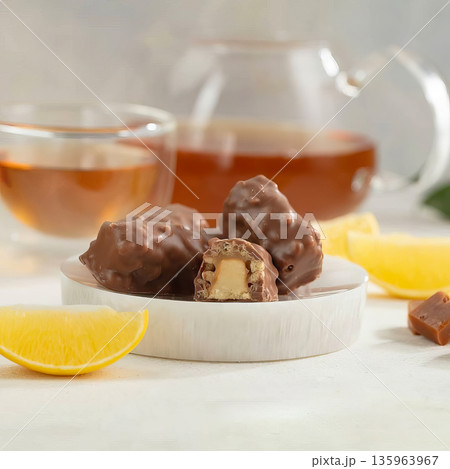 A plate of chocolate covered fruit with a piece missing 135963967