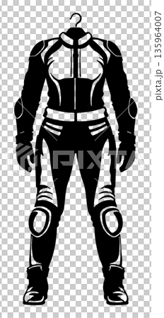 Black silhouette of a women motorcycle riding suit on a hanger, without background. Black silhouette of a women motorcycle riding suit on a hanger, without background. 135964007