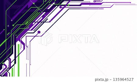 左上から斜めに広がる紫と緑の回路模様の白背景デザイン 135964527