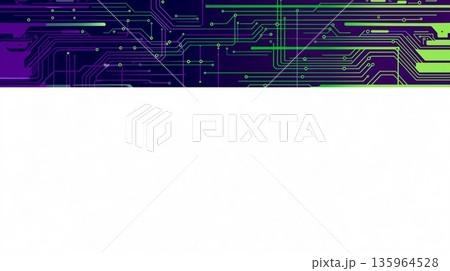 ネオン風の緑と紫の回路模様が施された白背景の抽象デザイン 135964528