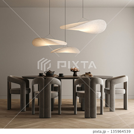 Modern minimal style wooden kitchen interior with gray wall background. Nature design front view. 3d rendering. High quality 3d illustration 135964539