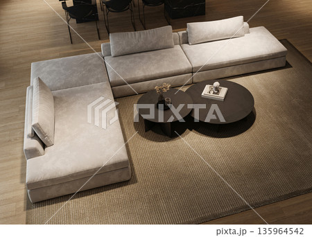 Modern minimalism interior livingroom with large modular sofa, night city view and marble kitchen island. 3d rendering. High quality 3d illustration 135964542