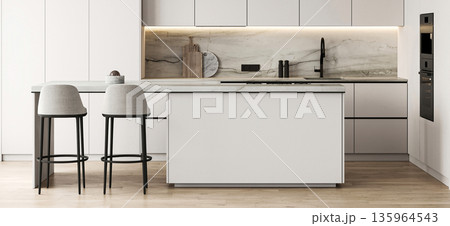 Modern nature style white kitchen interior design with island and panoramic background. 3d rendering. High quality 3d illustration 135964543