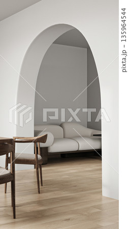 Modern style wooden interior with arch and dining table background. Nature lamp design. 3d rendering. High quality 3d illustration 135964544