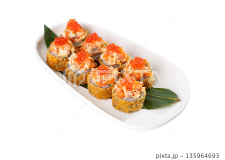 Crispy baked sushi roll with creamy topping and red caviar 135964693