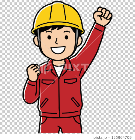一名戴著黃色安全帽的女工揮舞著拳頭，做出擊掌動作。 135964709