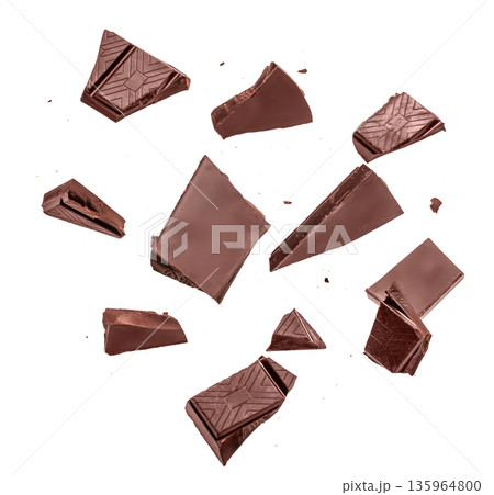 Dark chocolate pieces isolated on white background 135964800