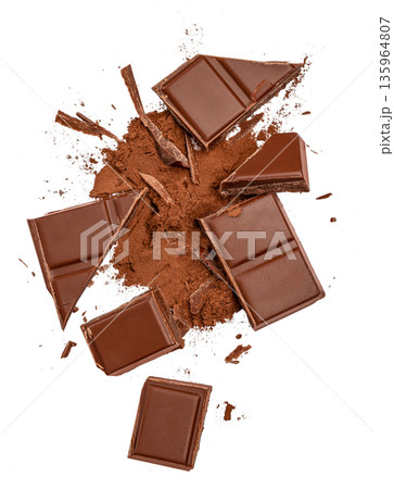Broken dark chocolate pieces with cocoa powder isolated on white background 135964807