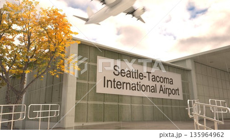 Seattle Tacoma International Airport sign on terminal building with autumn tree and airplane, Seattle, United States 3D rendering 135964962