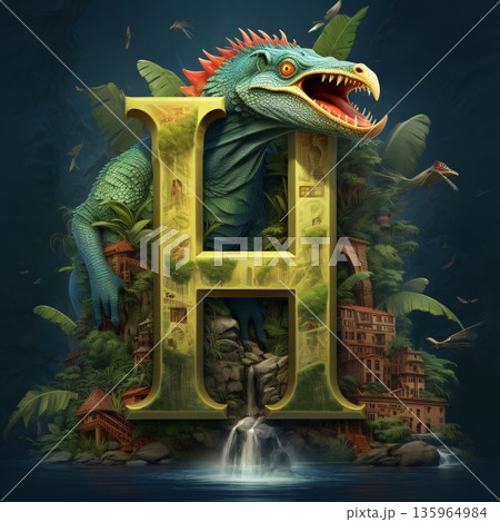 Font design for the capital letter H with green dragon and waterfall in the background 135964984