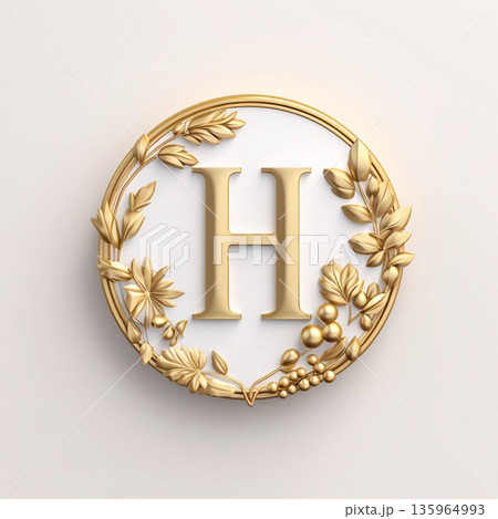 Golden letter H in a laurel wreath. 3d rendering Golden letter H in a laurel wreath. 3d rendering 135964993