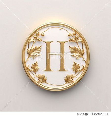 Luxury golden letter H in round frame on white background. 3d rendering Luxury golden letter H in round frame on white background. 3d rendering 135964994