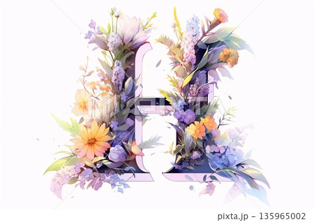 Beautiful watercolor floral alphabet. Letter H. Hand drawn font. Beautiful watercolor floral alphabet. Letter H. Hand drawn font. 135965002