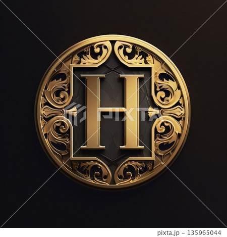 Luxury golden letter H in vintage style on dark background. 3d rendering 135965044