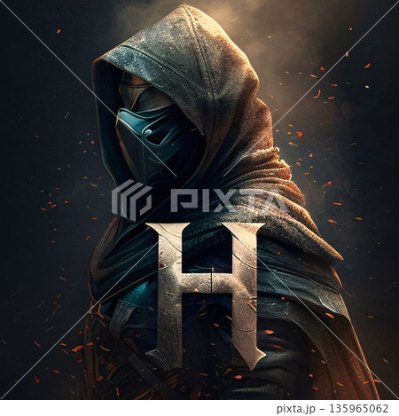 Knight in the armor with the letter H on a dark background. Knight in the armor with the letter H on a dark background. 135965062