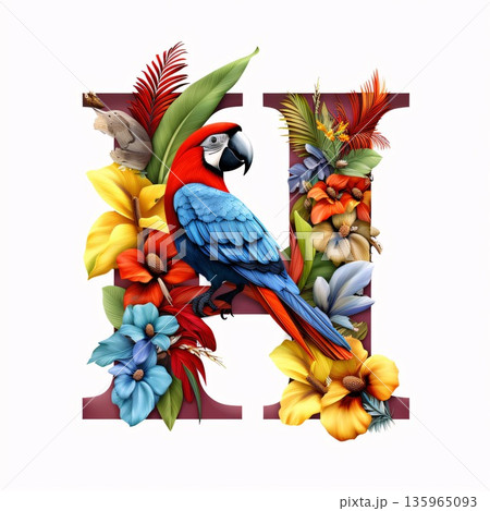 Alphabet letter H with parrot, flowers, leaves and fruits Alphabet letter H with parrot, flowers, leaves and fruits 135965093