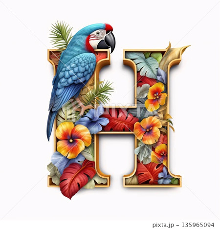 Tropical letter H with parrot and flowers. Vector illustration. Tropical letter H with parrot and flowers. Vector illustration. 135965094