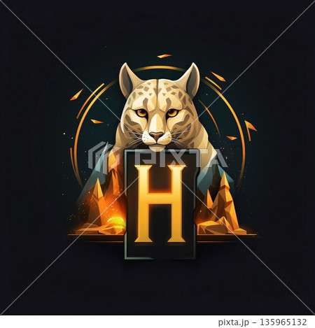 Leopard head with letter H in fire background....のイラスト素材 [135965132 ...