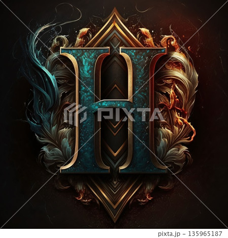 Luxury richly decorated capital letter H on a black background. 135965187