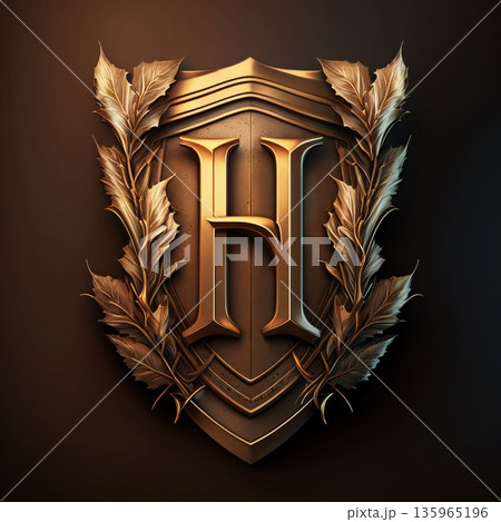 Golden shield with letter H and laurel wreaths. Vector illustration Golden shield with letter H and laurel wreaths. Vector illustration 135965196