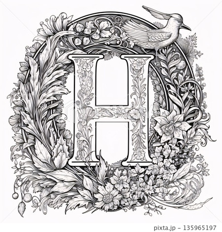 Letter H with floral ornament and bird. Hand-drawn illustration. 135965197