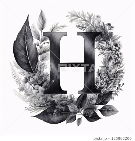 Black letter H decorated with leaves and flowers on a white background. Black letter H decorated with leaves and flowers on a white background. 135965200