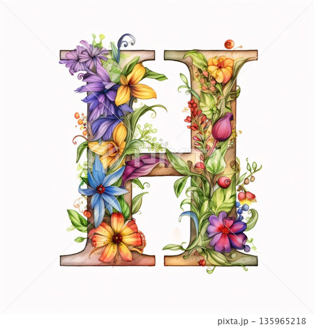 Floral capital letter H. Watercolor flowers font. Floral alphabet. 135965218