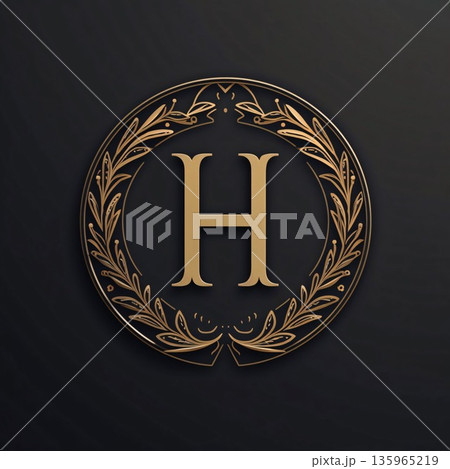 Luxury monogram design template with laurel wreath on black background. Vector illustration. letter H 135965219