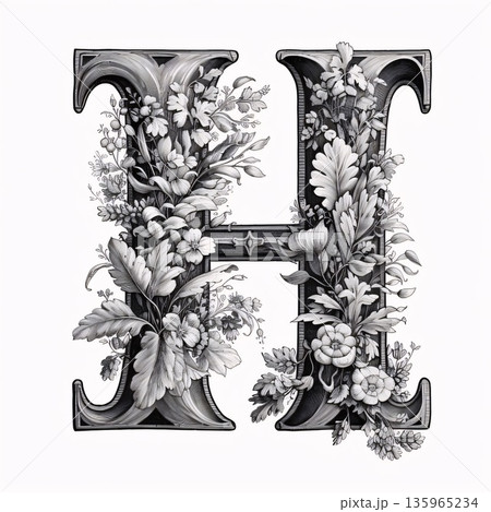 Capital letter H with flowers and leaves. Hand-drawn illustration. Capital letter H with flowers and leaves. Hand-drawn illustration. 135965234