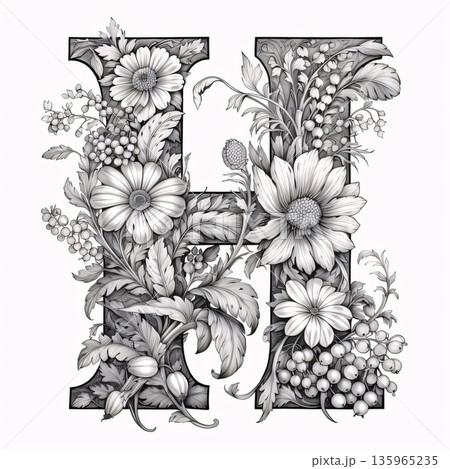 Black and white monogram with flowers, leaves and berries. Floral capital letter H 135965235